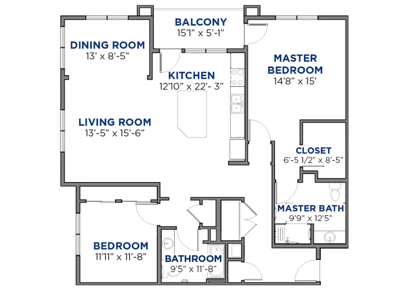 Black background floor plan showing a living room, dining room, kitchen with balcony, master bedroom with closet and master bath, an additional bedroom and bathroom.