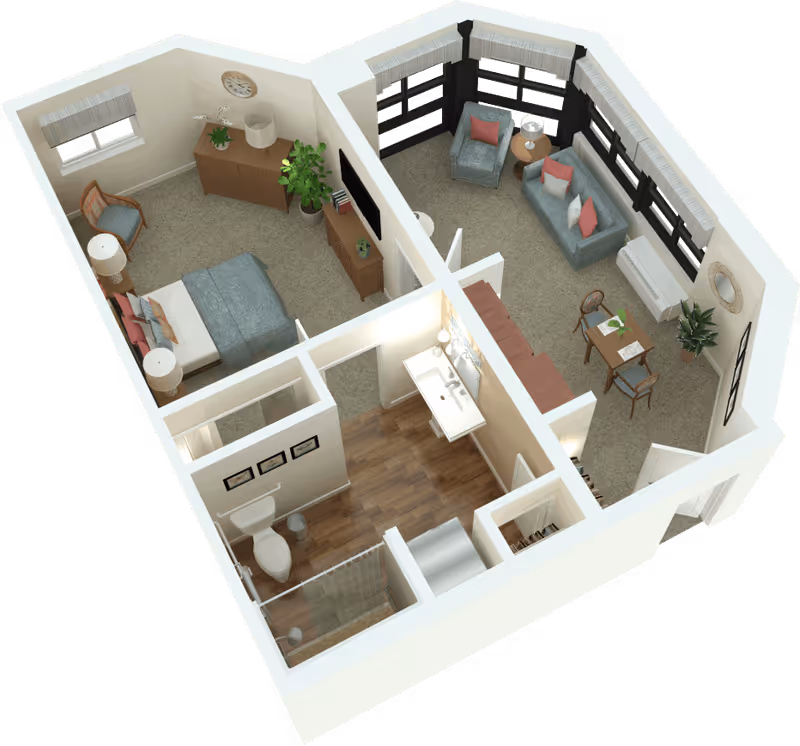 Isometric 3D floor-plan rendering showing a one-bedroom apartment with a living room, bedroom, bathroom, and small dining area.