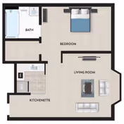 Floor plan of a senior living unit at Magnolia Senior Living showing a bedroom with a bed, a living room with sofas and a coffee table, a kitchenette with a refrigerator and stove, and a bathroom with a bathtub, toilet, and sink.