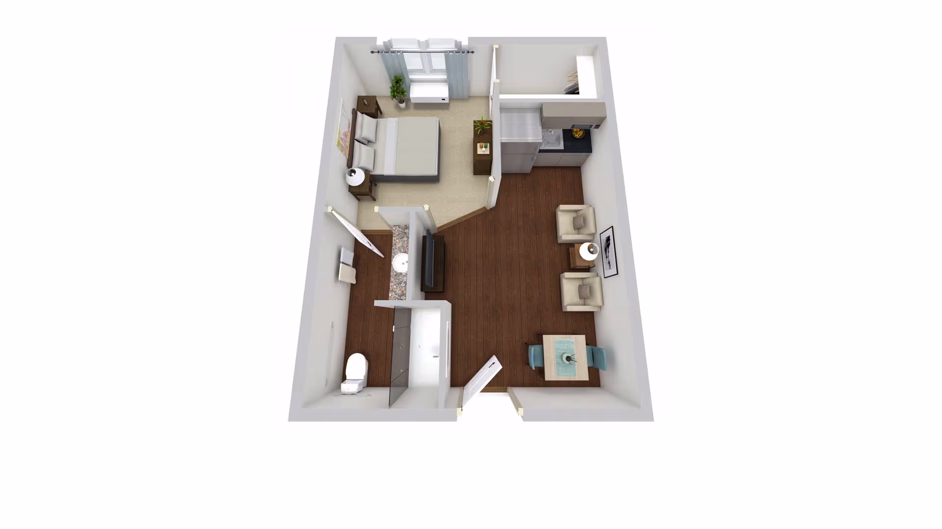3D floor plan of a small apartment unit featuring a bedroom with a bed, nightstands, and a window with curtains; a bathroom with a toilet, sink, and shower; a kitchen area with a refrigerator, sink, and cabinets; and a living area with two armchairs, a side table with a lamp, a TV mounted on the wall, and a small dining table with two chairs.