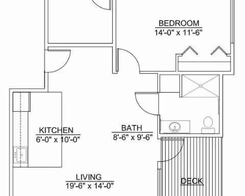 Architectural floor plan showing a layout with a bedroom measuring 14 feet by 11 feet 6 inches, a kitchen measuring 6 feet by 10 feet, a living area measuring 19 feet 6 inches by 14 feet, a bathroom measuring 8 feet 6 inches by 9 feet 6 inches, and a deck area.