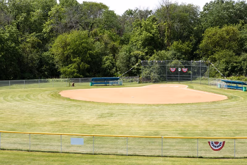 A well-maintained baseball field with a dirt infield and green grass outfield, surrounded by a chain-link fence. There are two blue benches behind the backstop, and the fence is decorated with red, white, and blue bunting. Trees and dense greenery form the background.