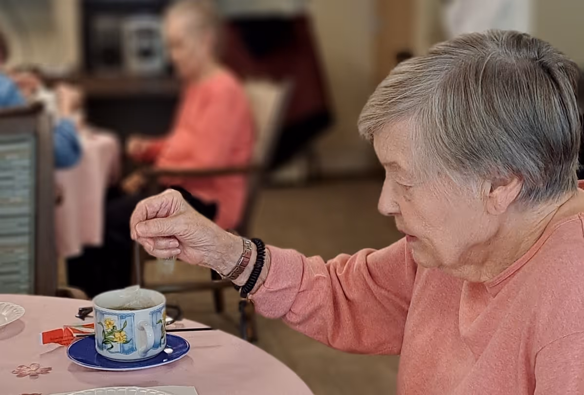 An elderly woman in a pink sweater is sitting at a table in a dining area, stirring a cup of tea with a tea bag. In the background, another elderly person is seated at a table, slightly out of focus.