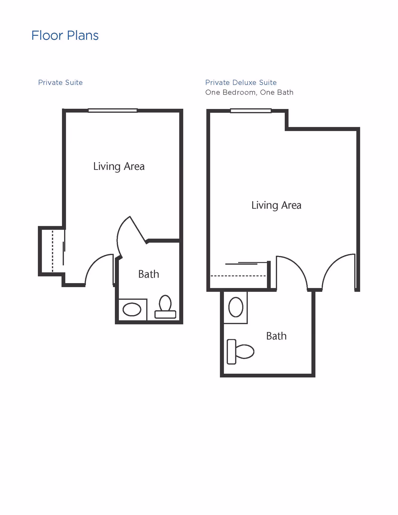 Floor plans for two types of suites at Brookdale Pittsford: a Private Suite with a living area and a bath, and a Private Deluxe Suite with one bedroom, one bath, and a living area.
