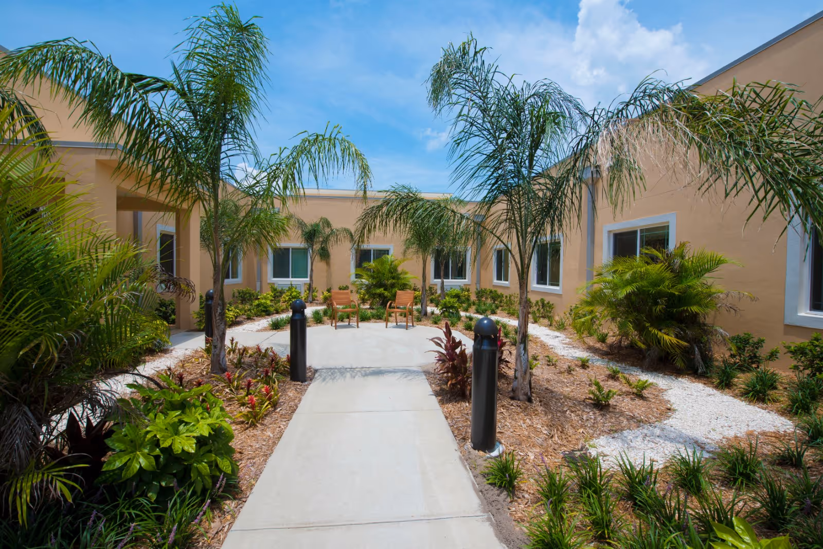 Outdoor courtyard area with a concrete pathway leading to two wooden chairs surrounded by palm trees and various green plants. The courtyard is enclosed by a beige building with multiple windows under a blue sky with some clouds.