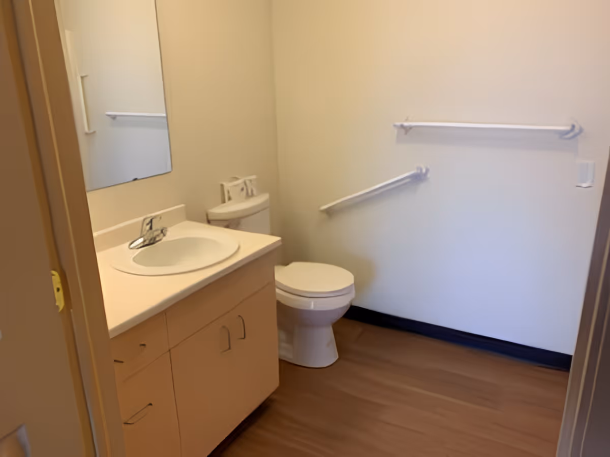 Small accessible bathroom with a sink and vanity, mirror, toilet, and wall-mounted grab bars.
