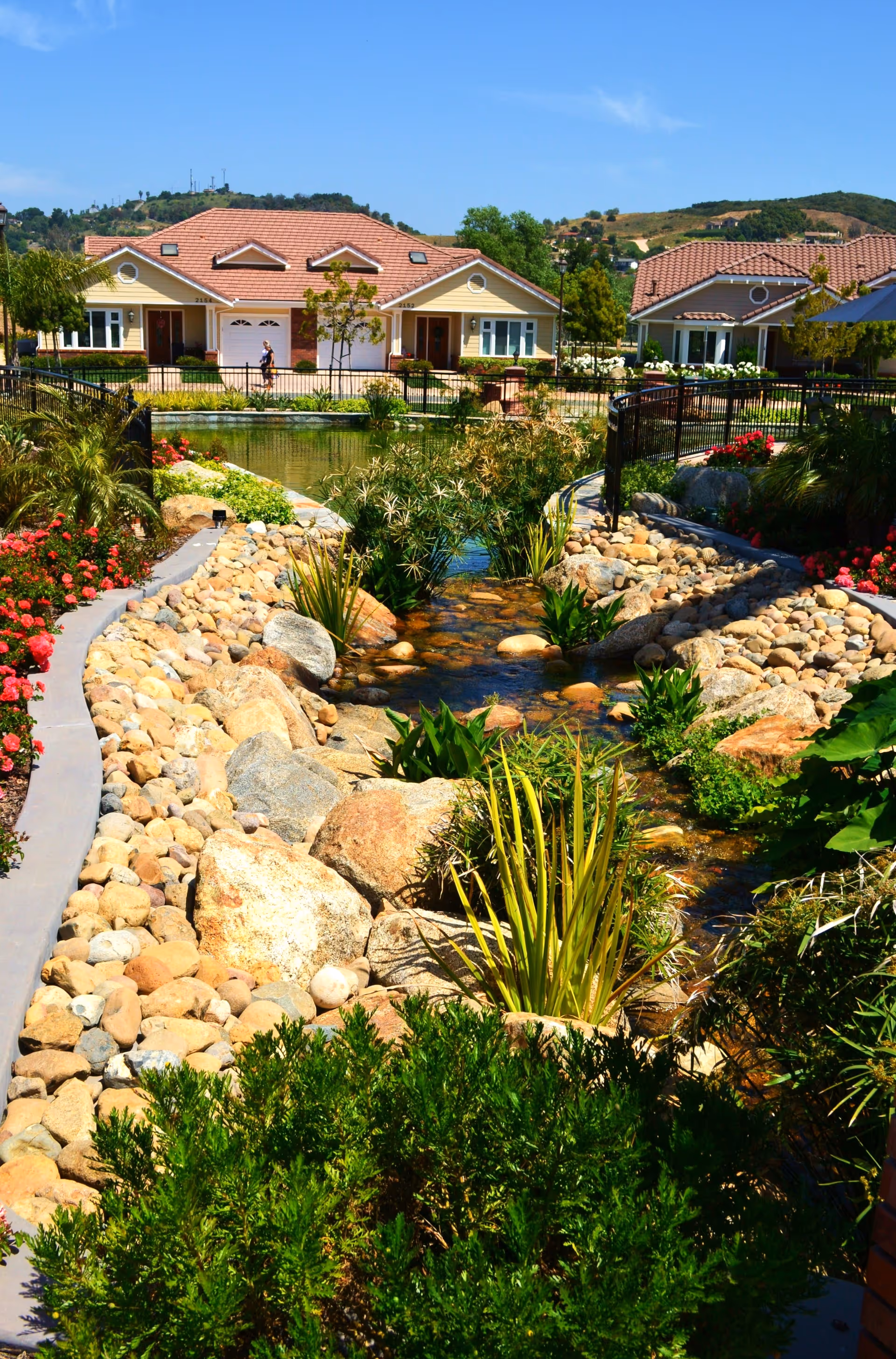 A landscaped garden with a rock-lined stream and pond in front of single-story, tile-roofed homes under a clear blue sky.