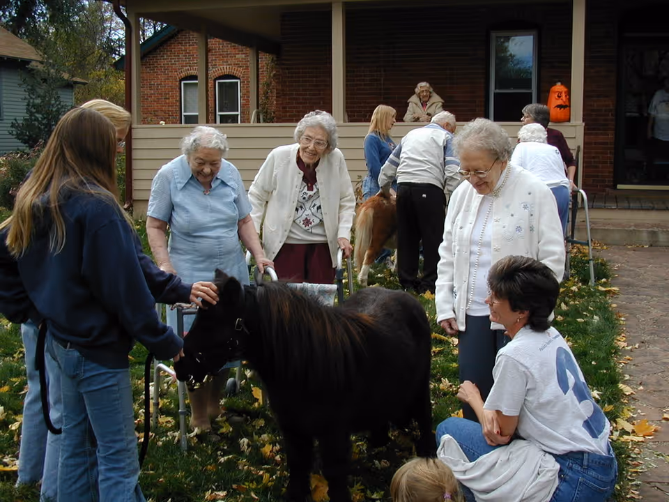 A group of elderly people and caregivers are gathered outside a residential building. Several elderly women with walkers are interacting with a small black pony, while others watch and smile. The setting appears to be a garden or yard area with fallen leaves on the grass and a brick pathway. A pumpkin decoration is visible on the porch in the background.