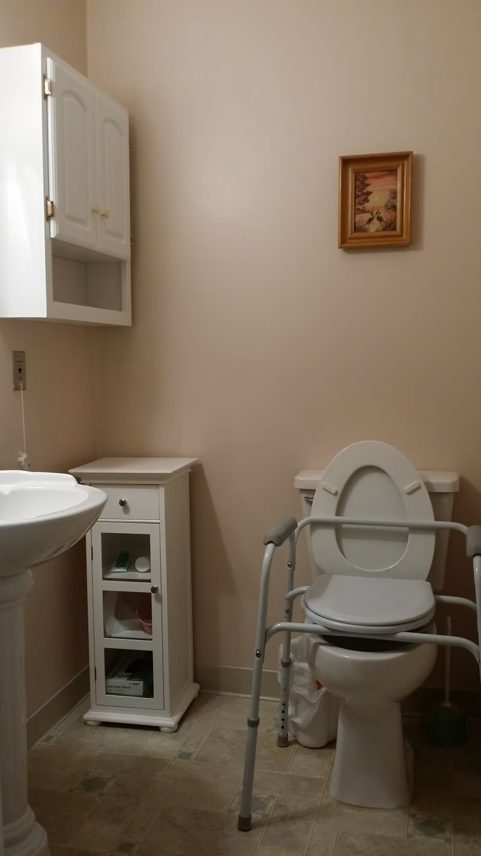 A small bathroom with a white pedestal sink on the left, a white cabinet with glass doors in the corner, and a toilet with a raised seat and safety rails. There is a framed picture hanging on the beige wall above the toilet.