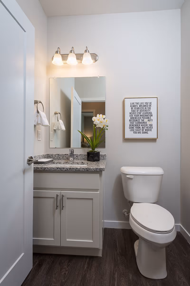 A clean and modern bathroom with a white toilet and a white vanity with a granite countertop. Above the vanity is a large mirror with three light fixtures. A small potted plant with white flowers is placed on the countertop. A framed inspirational quote hangs on the wall next to the toilet. The floor is dark wood, and the walls are painted light gray.