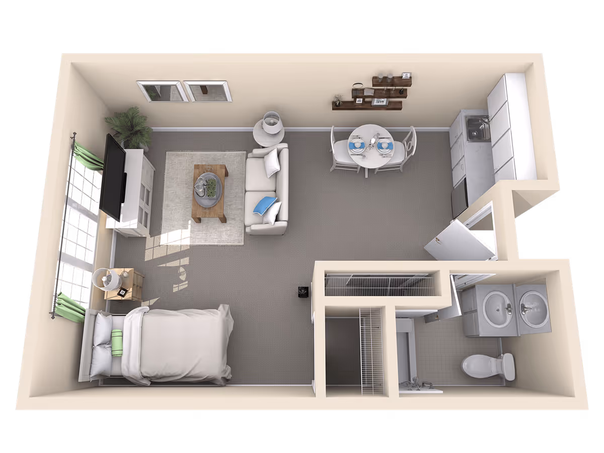 3D floor plan of a studio apartment featuring a bedroom area with a bed and nightstand, a living area with a sofa, coffee table, TV, and plant, a dining area with a round table and two chairs, a kitchen with cabinets, sink, and refrigerator, and a bathroom with a toilet, double sink vanity, and shower.