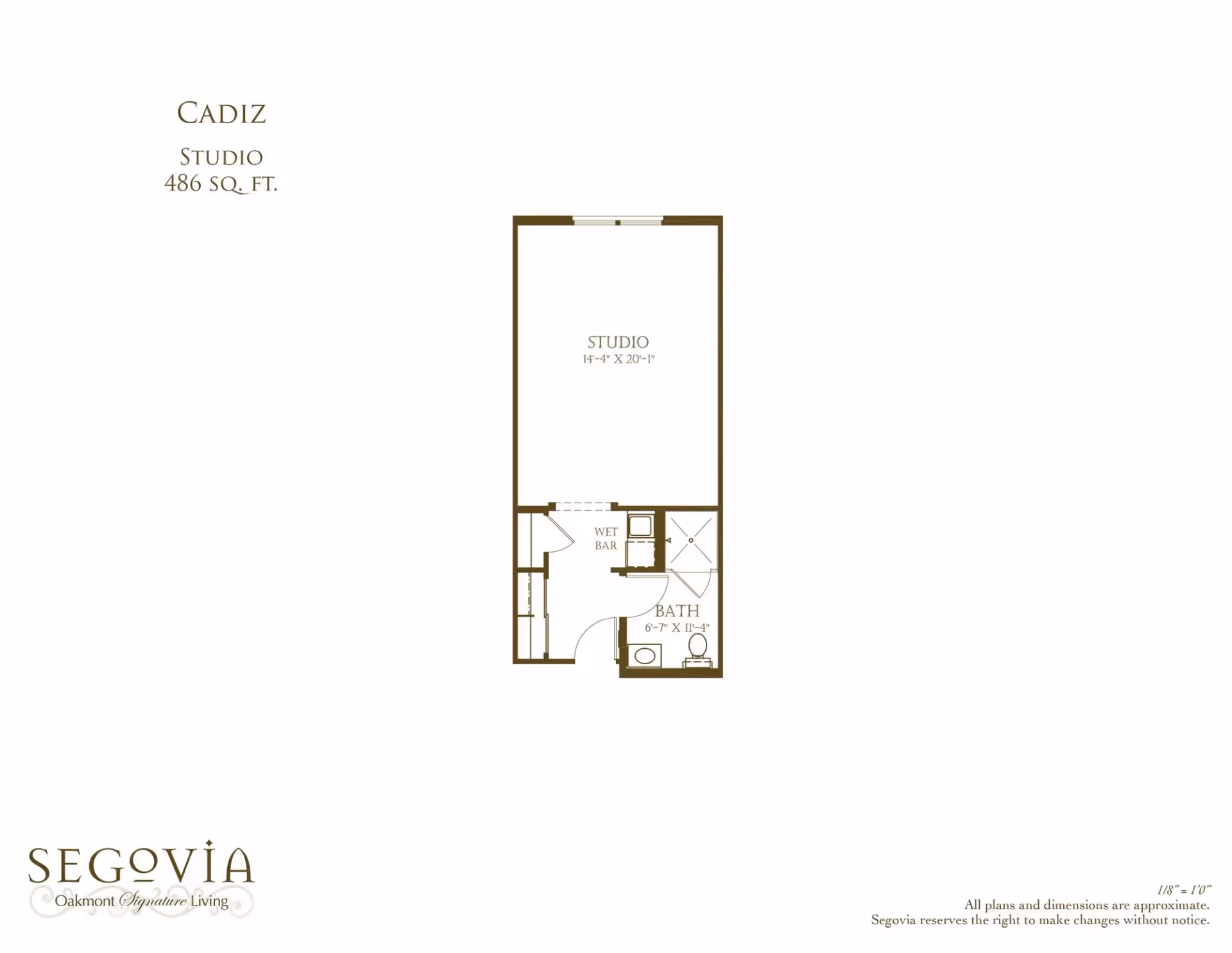 Floor plan of a studio apartment labeled 'Cadiz' showing a main studio area, wet bar, and bathroom.