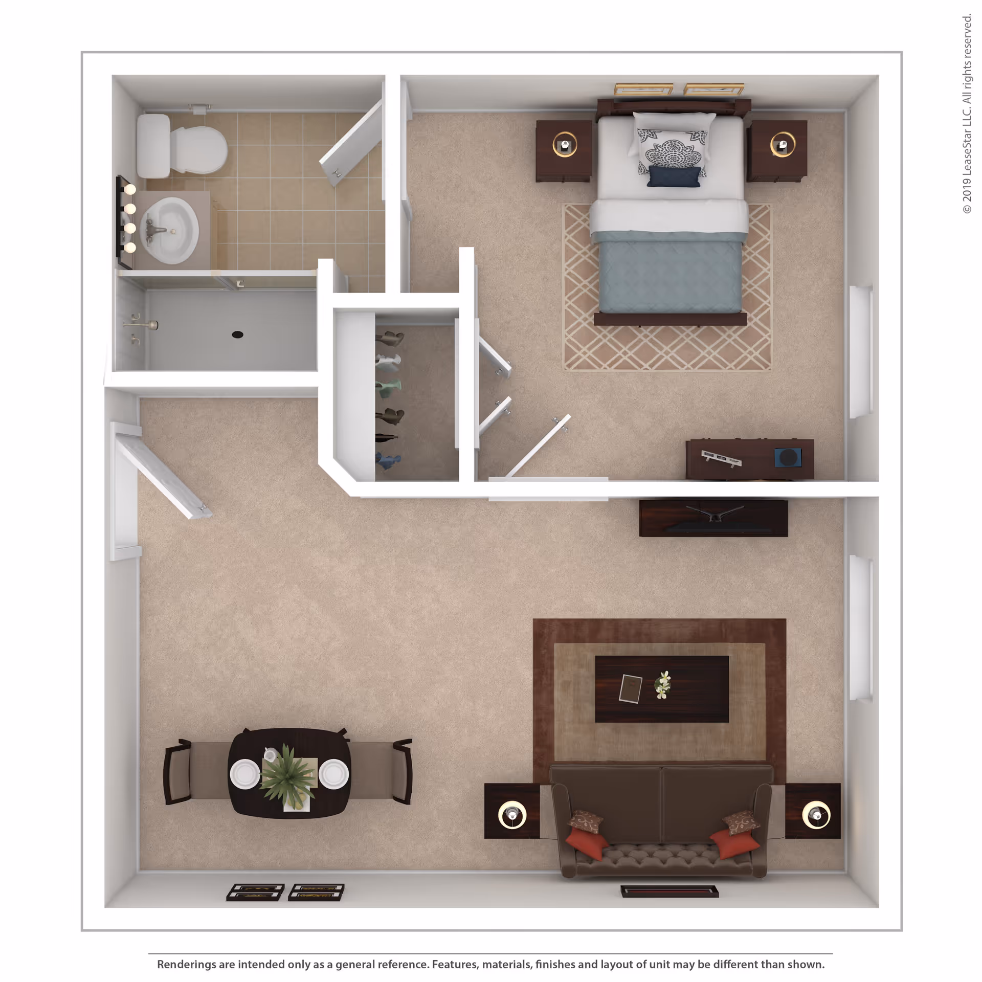 Top-down floor plan of a senior living apartment unit featuring a bedroom with a bed, two nightstands, and a dresser, a bathroom with a toilet, sink, and shower, a closet, and a living room area with a sofa, coffee table, two side tables with lamps, and a dining table with two chairs.