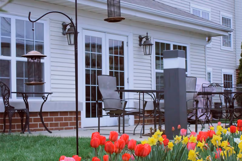 Outdoor patio area with metal chairs and tables in front of a building with large windows and glass doors. There are colorful red tulips and yellow daffodils blooming in the garden in the foreground, and a bird feeder hanging on a metal pole.