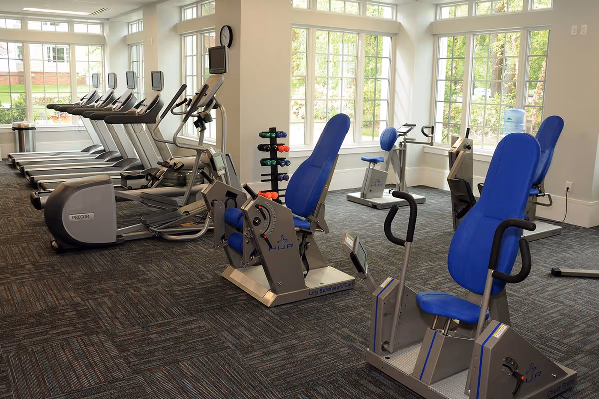 A bright fitness room with several exercise machines including treadmills, elliptical trainers, and strength training equipment with blue padded seats. Large windows allow natural light to fill the space, and a rack of colorful dumbbells is visible near the center.