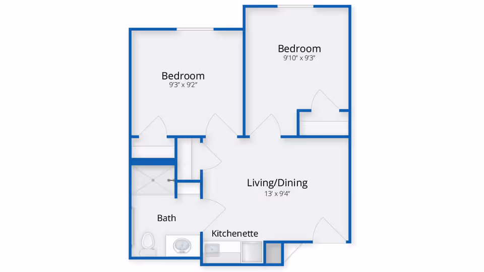 Floor plan of a senior living unit at Benchmark at Haverhill Crossings showing two bedrooms, a living/dining area, a bath, and a kitchenette with dimensions labeled for each room.