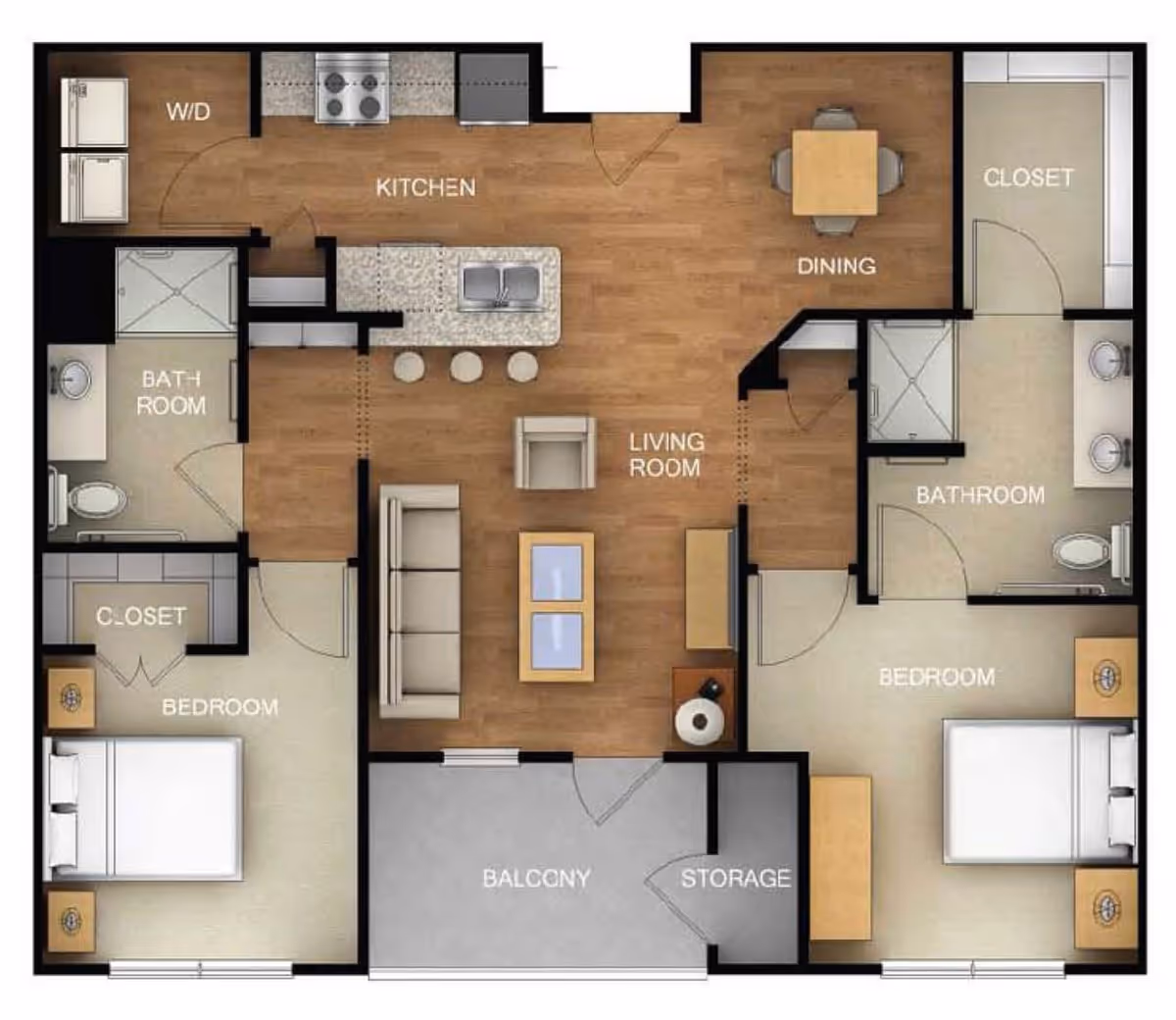 Floor plan of a two-bedroom apartment at Overture Frisco showing two bedrooms each with a closet, two bathrooms, a kitchen with washer/dryer area, a dining area, a living room, a balcony, and a storage room.