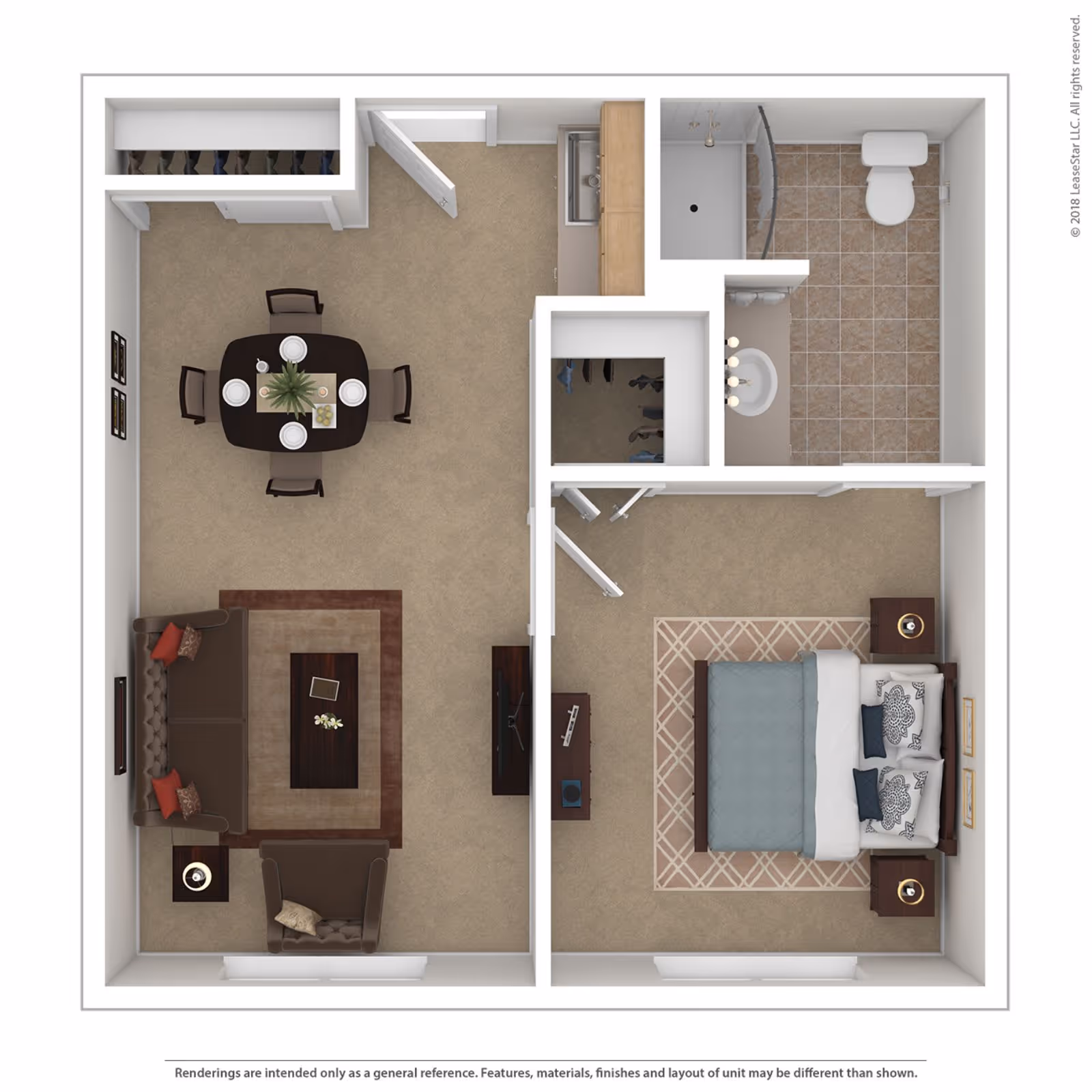 Top-down floor plan of a senior living unit showing a living room with a sofa, armchair, coffee table, and TV, a dining area with a table set for four, a bedroom with a bed, two nightstands, and a dresser, a bathroom with a shower, toilet, and sink, and a small kitchen area with a sink and cabinets.