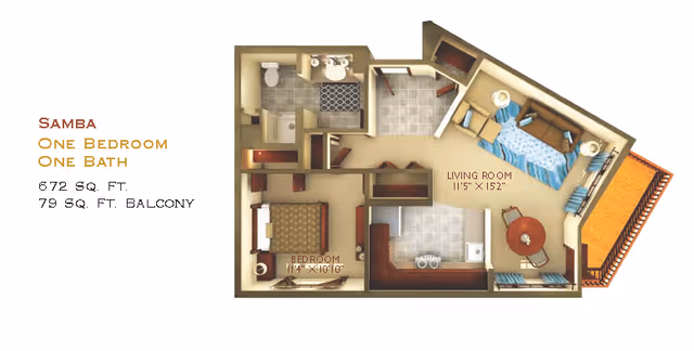 Floor plan of a one-bedroom, one-bath apartment named Samba at Adante Independent Living, showing a bedroom, bathroom, kitchen, living room, and a balcony. The bedroom measures 14 feet by 10 feet 10 inches, and the living room measures 11 feet 5 inches by 15 feet 2 inches. The total area is 672 square feet with a 79 square feet balcony.