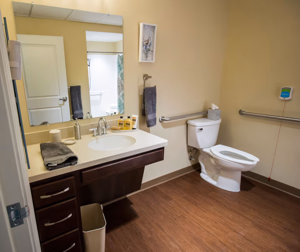 A clean and accessible bathroom with a white toilet, grab bars on the walls, a sink with a countertop, a large mirror, and a towel hanging on a hook. The floor has wood-like tiles and there are toiletries on the sink counter.