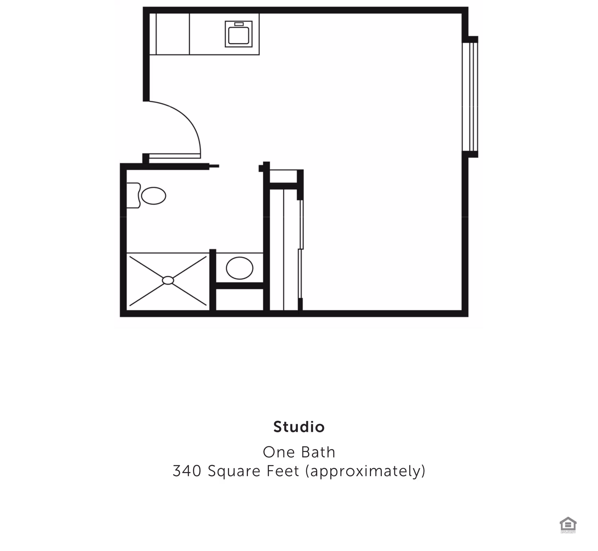 Black-and-white floor plan of a studio apartment showing a kitchenette, a bathroom with shower and toilet, and a main living area.