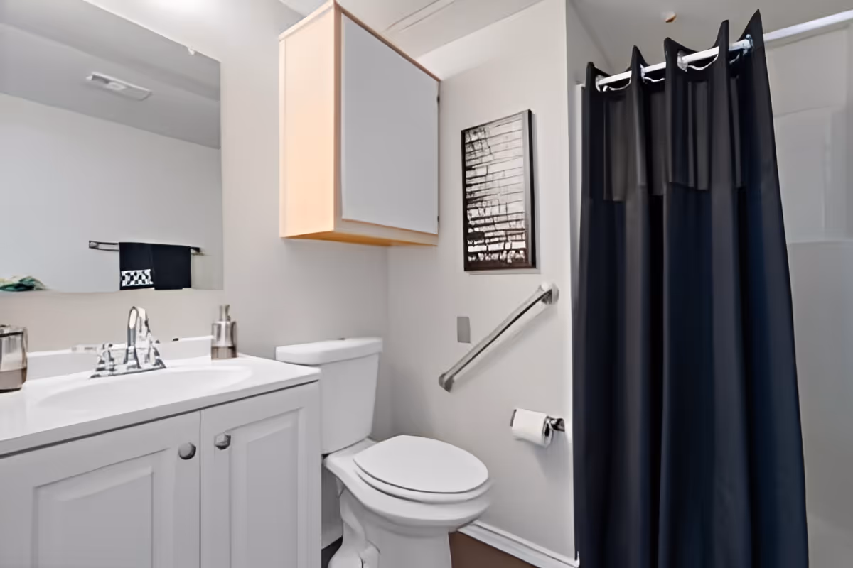 A clean and modern bathroom featuring a white toilet, a white vanity with a sink and chrome faucet, a large mirror above the sink, a wall-mounted cabinet, a black shower curtain, a grab bar next to the toilet, and a piece of framed artwork on the wall.