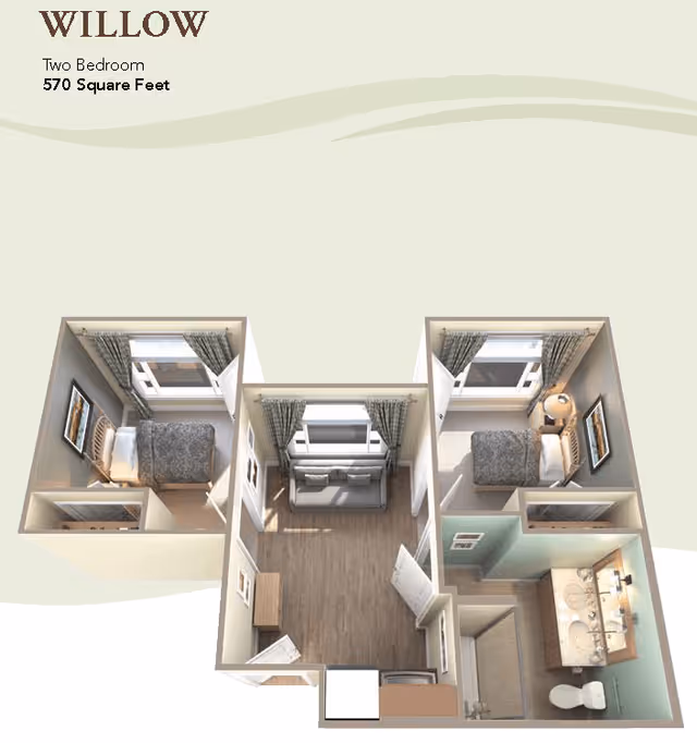 3D floor plan of a two-bedroom assisted living apartment named Willow, featuring two bedrooms with beds and nightstands, a central living room with a sofa and window, and a bathroom with a double sink vanity, toilet, and shower.