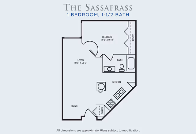 Floor plan titled The Sassafrass showing a 1 bedroom, 1-1/2 bath layout with labeled areas for living, dining, kitchen, bedroom, bath, closet, and coats. Dimensions are provided for the living room and bedroom.