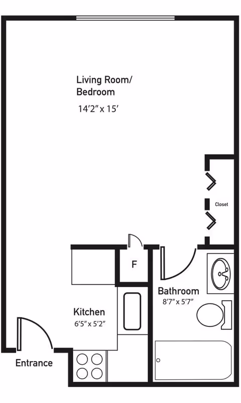 Floor plan of a studio apartment at Brookstone Estates of Effingham showing an entrance leading to a kitchen area, a combined living room and bedroom space measuring 14 feet 2 inches by 15 feet, a bathroom measuring 8 feet 7 inches by 5 feet 7 inches, and a closet.