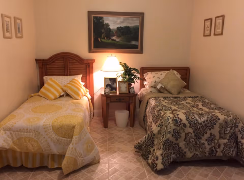 Two twin beds with patterned bedspreads flank a wooden nightstand topped with a lamp, plant and framed art in a small bedroom.