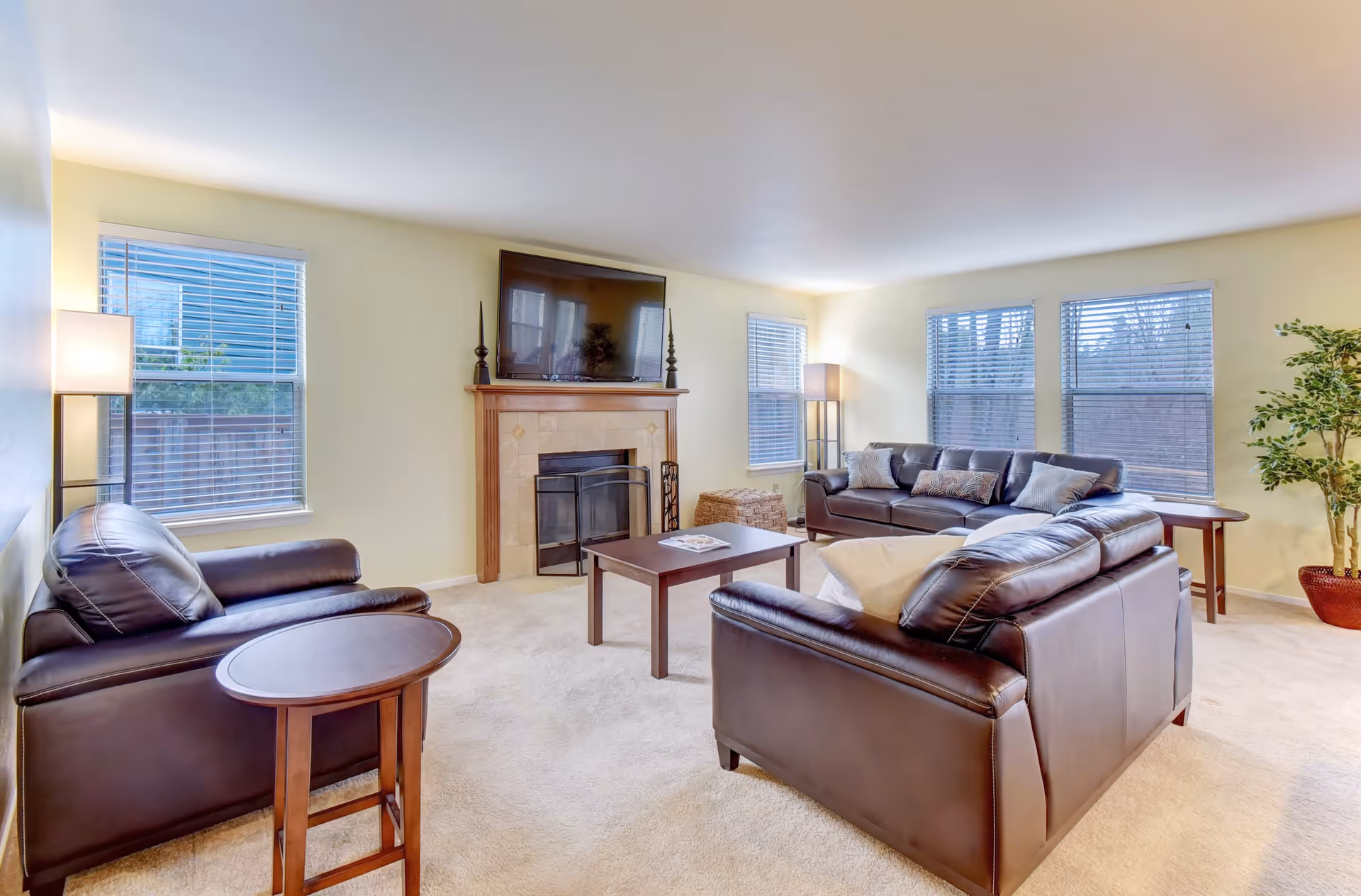 A bright living room with beige walls and carpet, featuring two dark brown leather sofas and a matching armchair arranged around a wooden coffee table. A flat-screen TV is mounted above a fireplace with a wooden mantel. The room has several windows with blinds, two floor lamps, and a large potted plant in the corner.