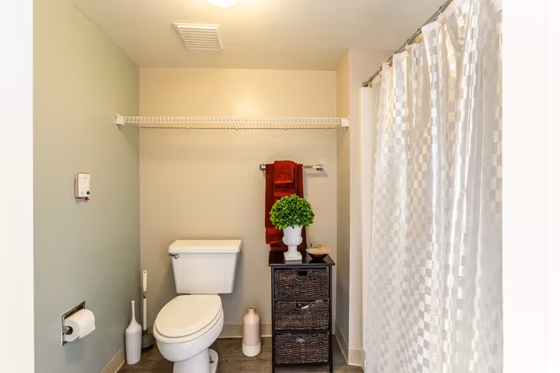 Small bathroom with a toilet, wicker storage cabinet topped with a potted plant and towels, and a shower with a white patterned curtain.