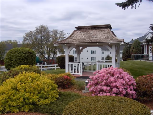 A landscaped outdoor area featuring a white wooden gazebo with a shingled roof surrounded by various bushes and flowering plants, including a prominent pink flowering bush. In the background, there are white buildings and trees under a cloudy sky.