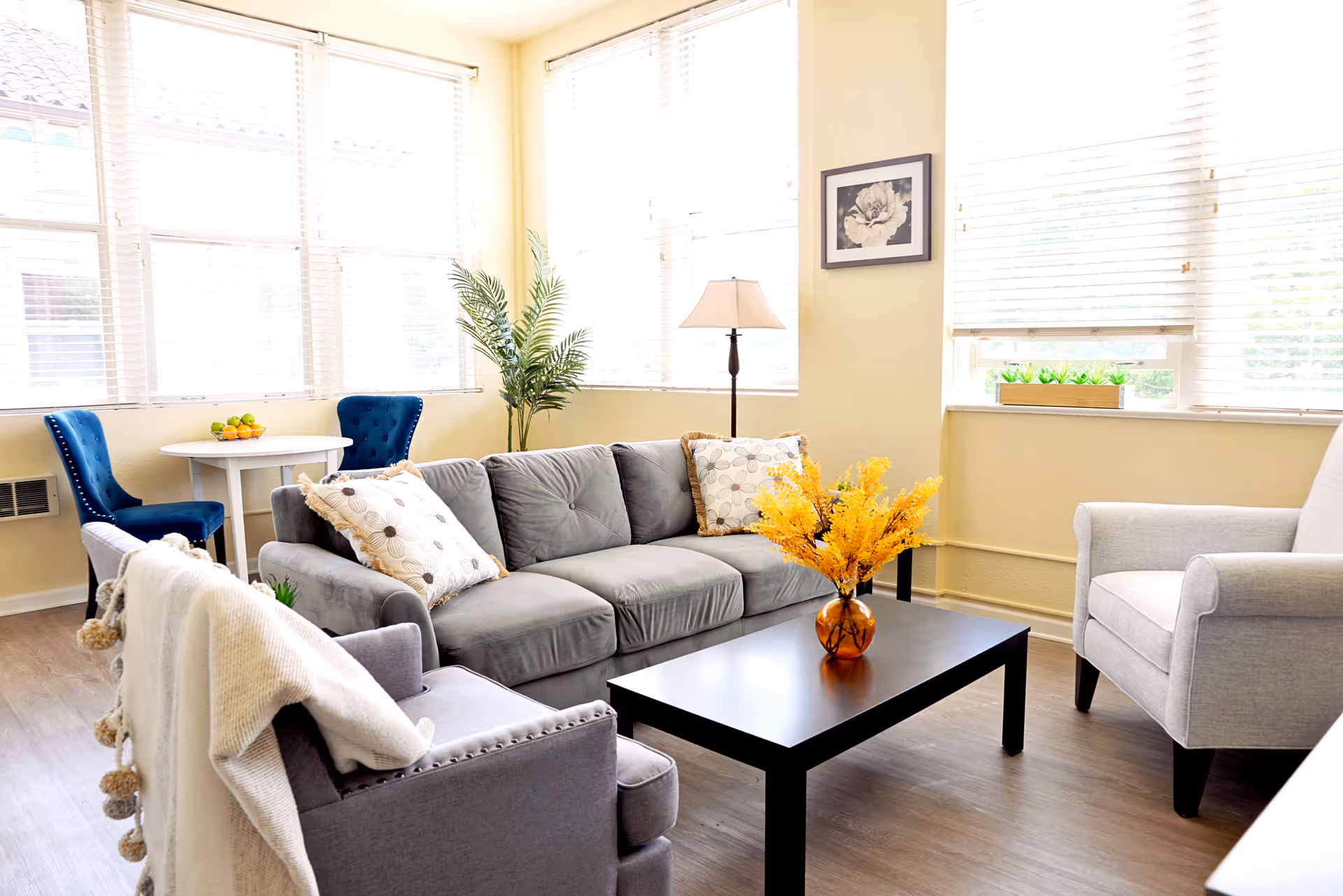 A bright living room with large windows covered by white blinds. The room features a gray sofa with patterned pillows, a gray armchair with a white throw blanket, a black coffee table with a vase of yellow flowers, a floor lamp, a small round table with two blue chairs, and a potted plant in the corner. A framed flower picture hangs on the wall.
