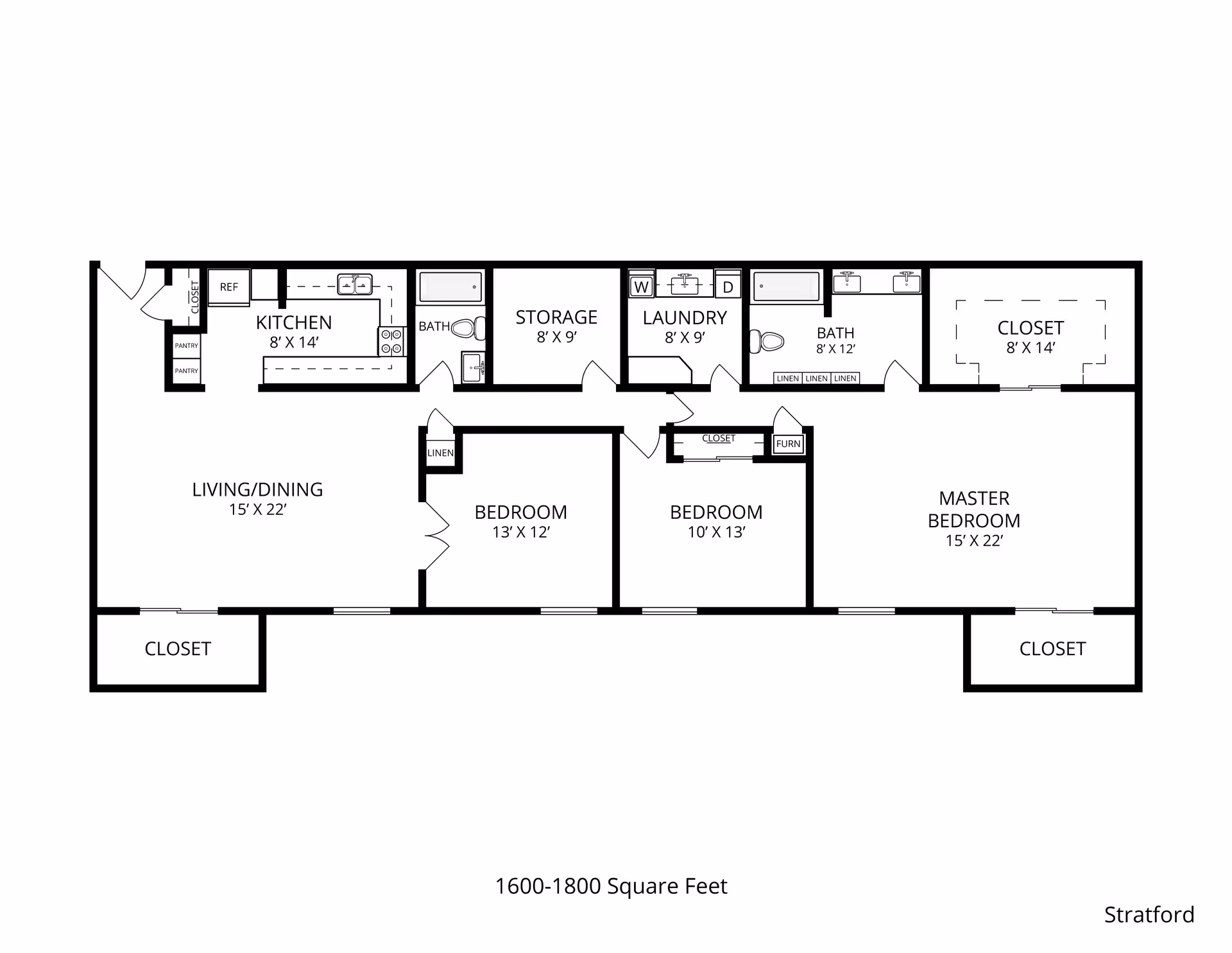 Black-and-white floor plan of a 3-bedroom apartment showing living/dining, kitchen, laundry, storage, bathrooms and multiple closets.