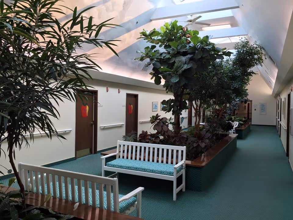 Indoor atrium-style hallway with skylights, benches and large planter boxes full of greenery in an assisted living facility.