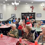 A group of elderly people sitting around tables covered with red and white checkered tablecloths in a decorated room. Some are engaged in conversation, and one person is waving at the camera. The room has festive holiday decorations including hanging ornaments and a small Christmas stocking on a cabinet in the background.
