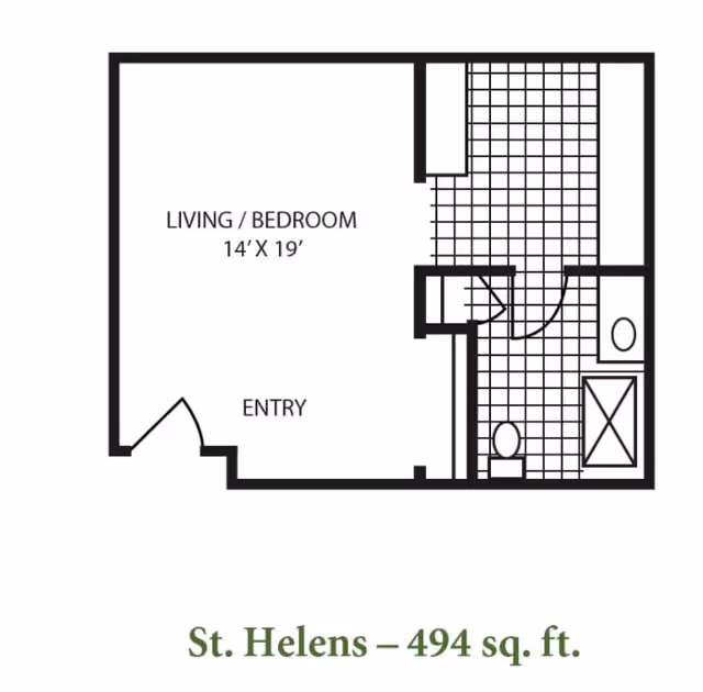 Floor plan layout of a living/bedroom area measuring 14 feet by 19 feet, with an entryway and an adjacent bathroom featuring a toilet, sink, and bathtub. The total area is labeled as St. Helens with 494 square feet.