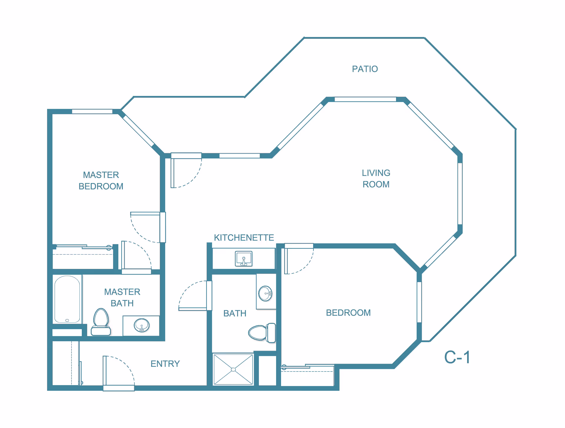Architectural floor plan of an apartment unit labeled C-1 at Asher Point Independent Living of Montgomery, showing a master bedroom with attached master bath, a second bedroom, a bath, a kitchenette, a living room, an entry area, and a surrounding patio.