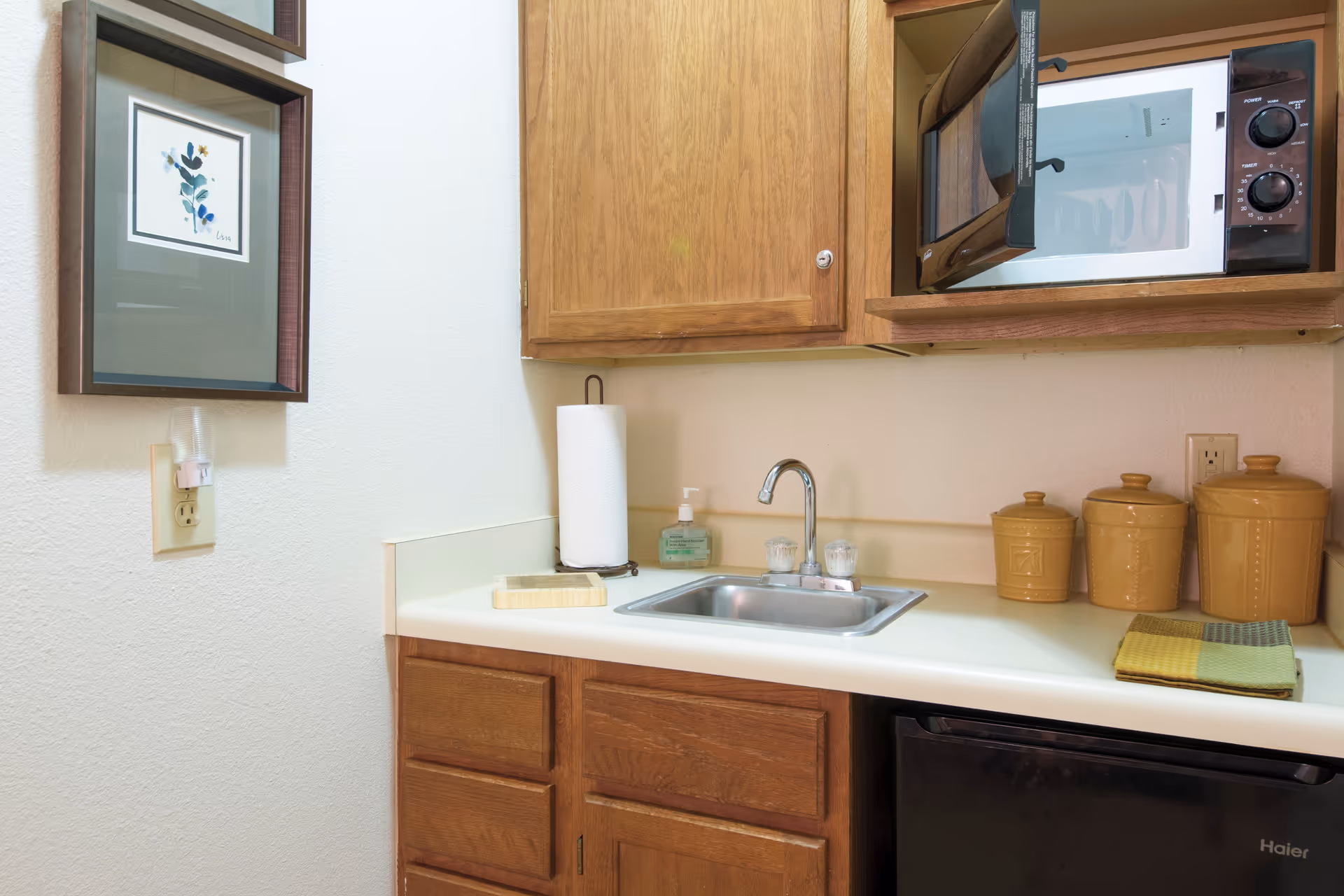 A small kitchen area with wooden cabinets, a stainless steel sink with a faucet, a microwave oven mounted above the counter, three brown ceramic canisters, a paper towel holder, a soap dispenser, and a folded kitchen towel on the countertop. A framed floral artwork hangs on the wall to the left.