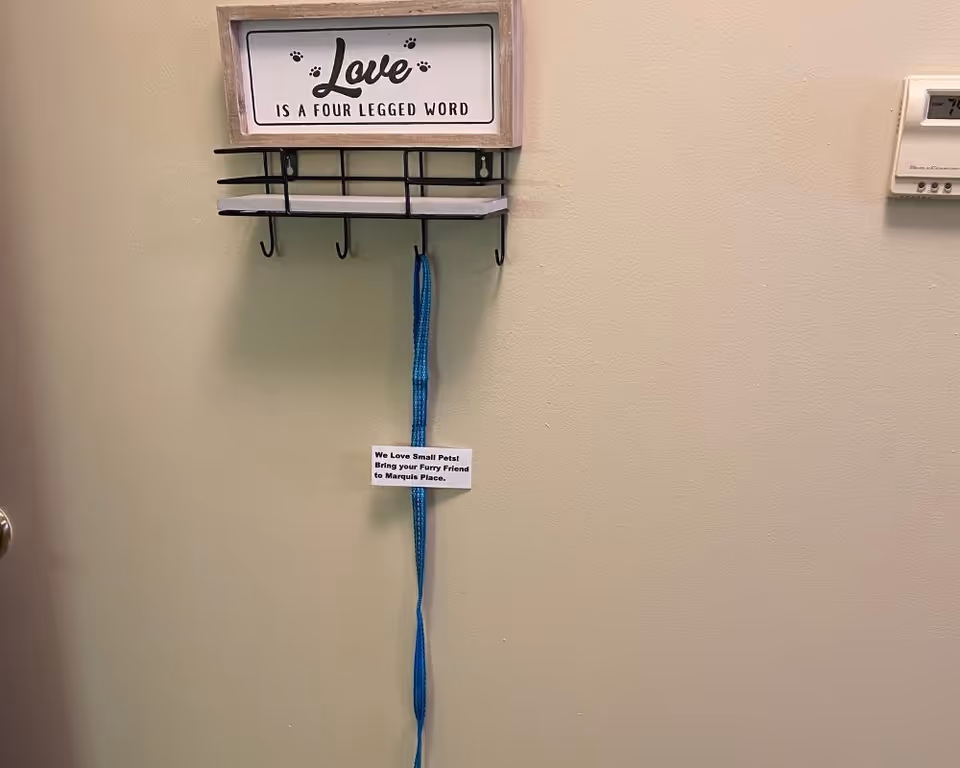 Wall-mounted shelf and hooks with a framed sign reading "Love is a four legged word" and a blue pet leash hanging beneath a thermostat.