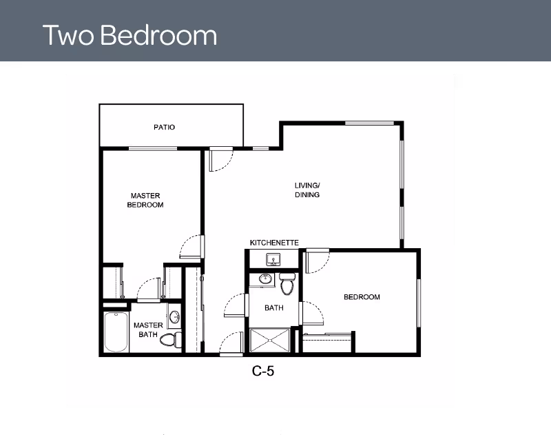 Black-and-white two-bedroom floor plan labeled 'Two Bedroom' showing a master bedroom with master bath, a second bedroom, living/dining area, kitchenette, separate bath, a patio, and unit label C-5.