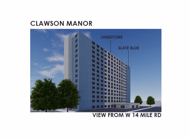 Digital rendering of a multi-story building labeled Clawson Manor, showing a view from W 14 Mile Rd with color annotations for limestone and slate blue on the building exterior.