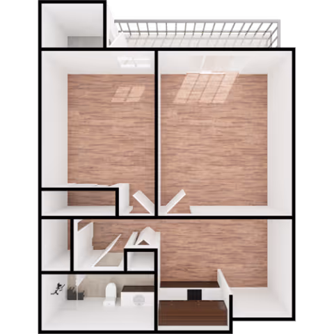 3D floor plan of an apartment with wooden flooring in most rooms. The layout includes a large room with a balcony, a smaller adjacent room, a bathroom with a toilet and shower, and a kitchen area with cabinetry. The walls are white and the floor plan is viewed from above.