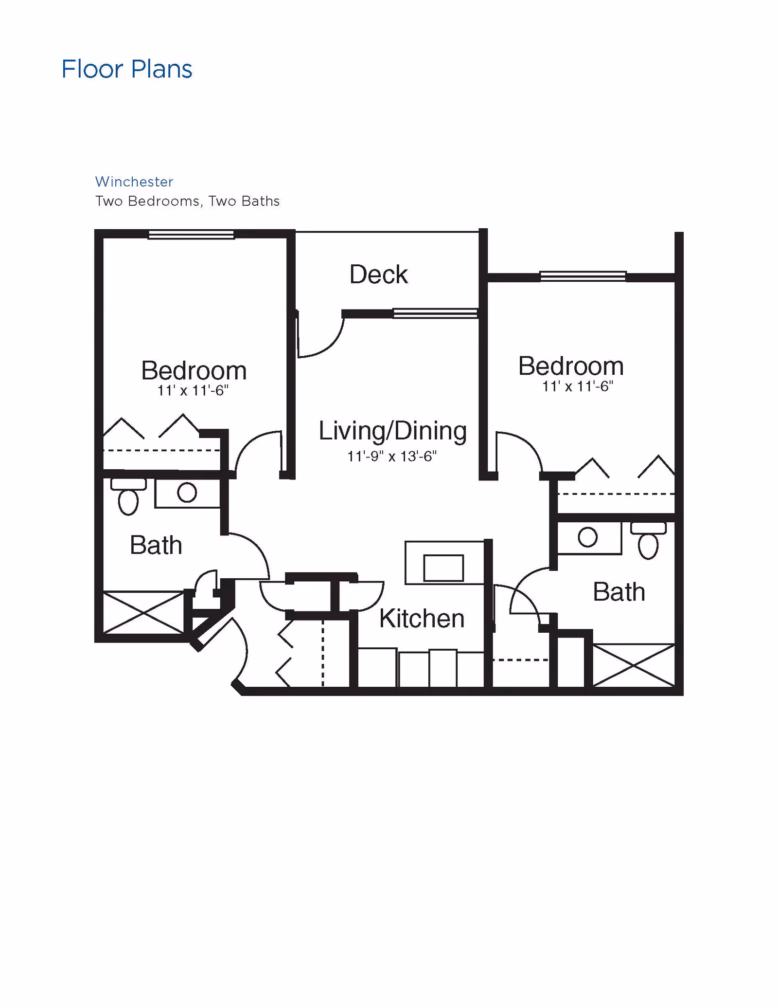 Floor plan labeled Winchester showing two bedrooms, two bathrooms, a kitchen, a living/dining area, and a deck. Each bedroom measures 11 feet by 11 feet 6 inches. The living/dining area measures 11 feet 9 inches by 13 feet 6 inches.