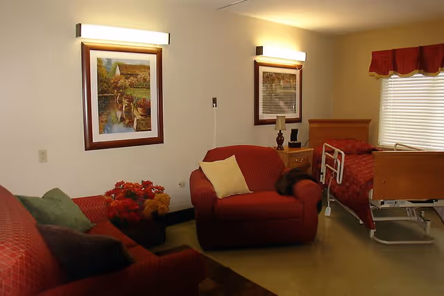 A cozy room with a red armchair and sofa, both with cushions, two framed paintings on the wall, a wooden bedside table with a lamp, and a hospital-style bed near a window with closed blinds and a red valance.