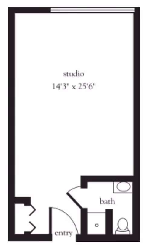 Floor plan of a studio apartment measuring 14 feet 3 inches by 25 feet 6 inches, showing an entry area, a bathroom with a toilet and sink, and a main studio living space.