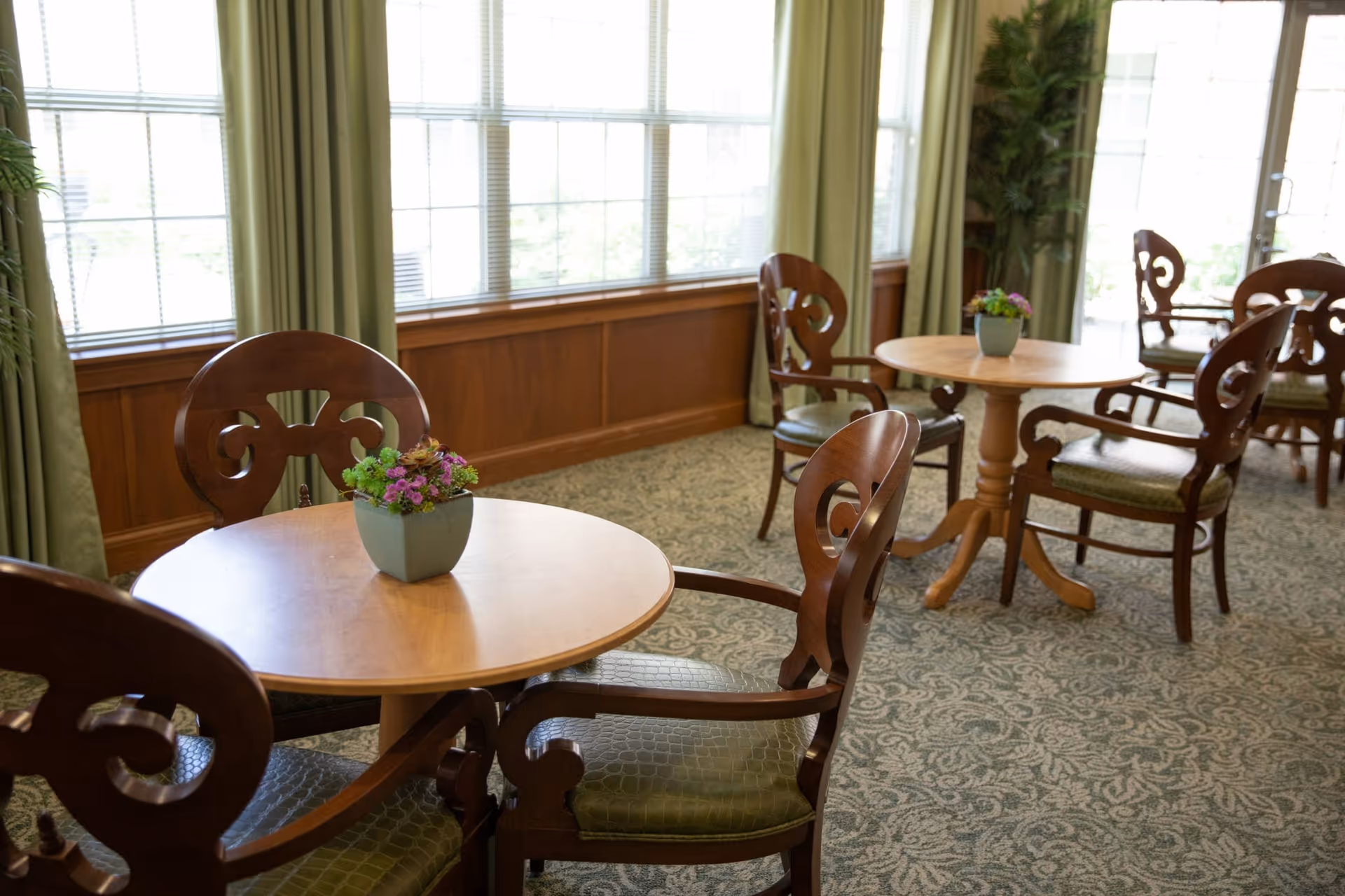 A bright room with large windows covered by green curtains, featuring round wooden tables each with a small potted plant centerpiece and surrounded by wooden chairs with green cushioned seats. The room has a patterned carpet and some greenery in the corners.