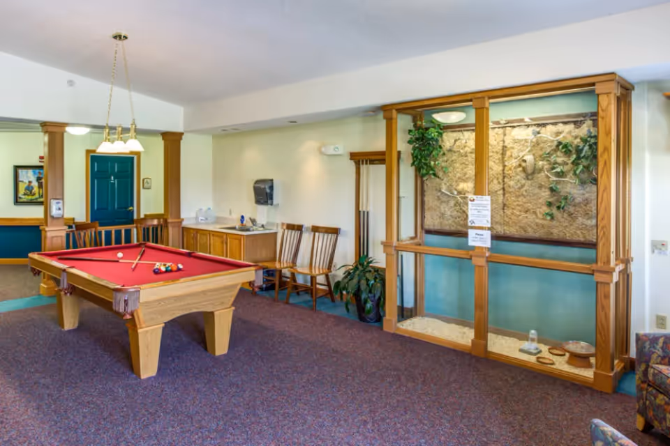 A senior living common room with a red-felt pool table, wooden chairs, and a glass-enclosed decorative display against the wall.