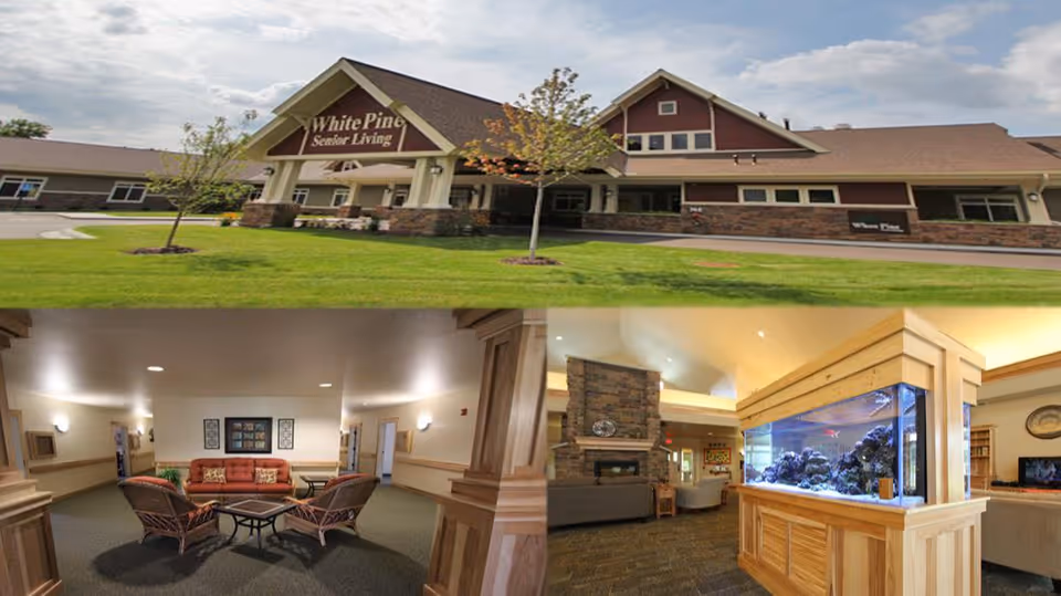 Exterior view of White Pine Senior Living building with a large front porch and well-maintained lawn. Interior views include a cozy seating area with wicker chairs and a sofa around a coffee table, and a spacious common area featuring a large aquarium and a stone fireplace.